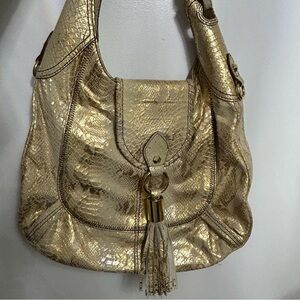 Oryany Metallic Gold Snake Embossed Leather Hobo Shoulder Bag and Tassel
